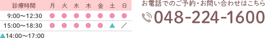 診療時間　9:00～12:30　15:00～18:30　お電話でのご予約・お問い合わせはこちら　TEL:048-224-1600